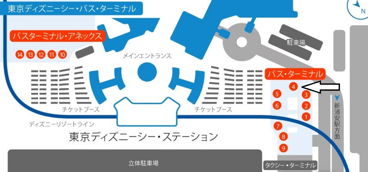 ディズニーシー発、羽田／成田空港行きのバスは4番乗り場