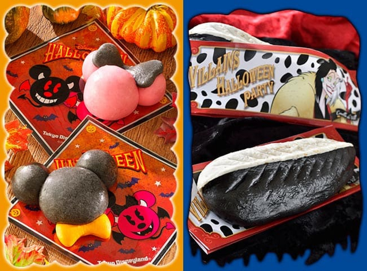 ハロウィン限定 ディズニー肉まん の 紙 ハロウィンバージョンのミッキーまんとミニーまん（写真左