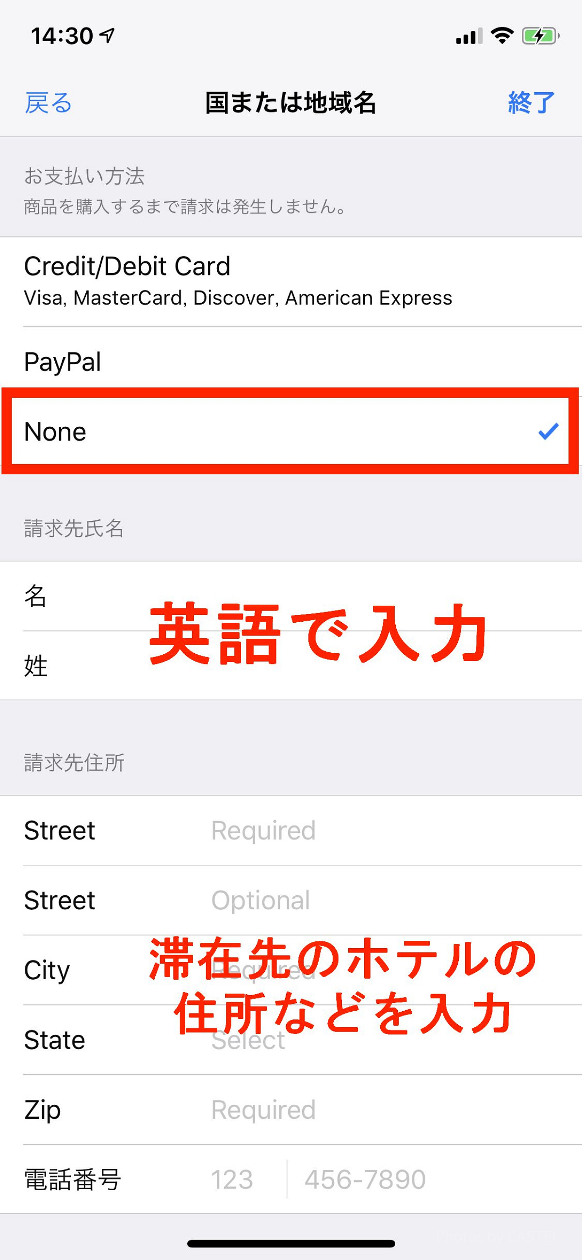 支払い方法で「None」を選択し、氏名や滞在先の住所などを入力する