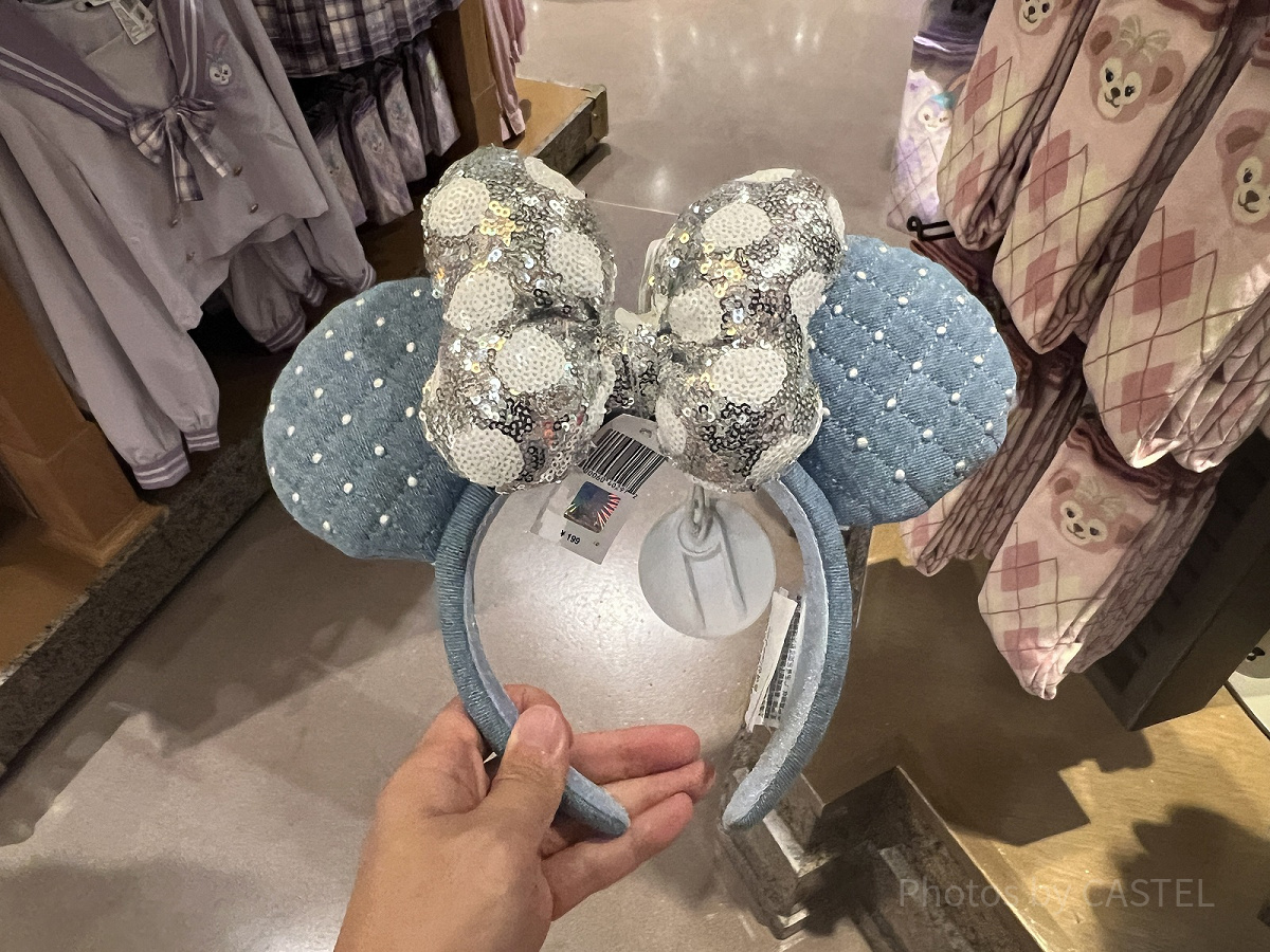 上海ディズニーカチューシャ：シルバーリボン×青布生地ミニーカチューシャ