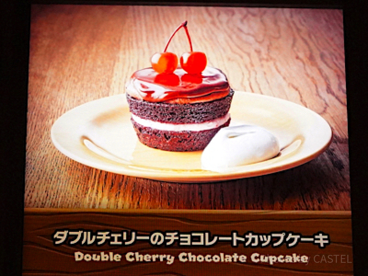 キノピオカフェ：ダブルチェリーのチョコレートカップケーキ