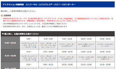 アトラクション体験時間の詳しい時間帯