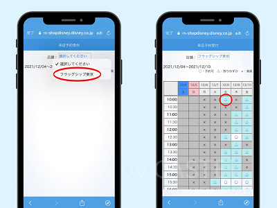 来店店舗として「フラッグシップ東京」を選択し、来店希望日時を決定