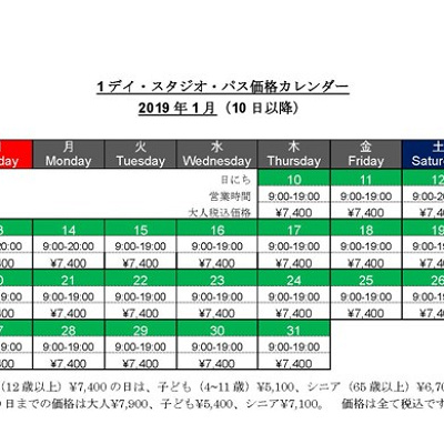 1デイ・スタジオ・パス価格カレンダー(1月)