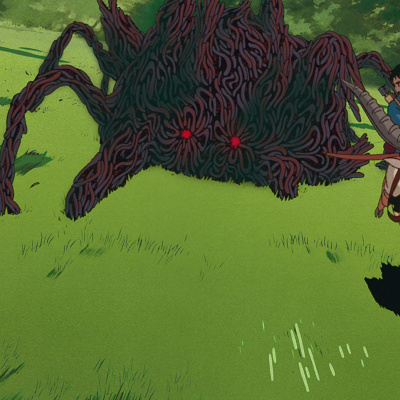 村を襲うタタリ神を鎮めようとするアシタカ／もののけ姫