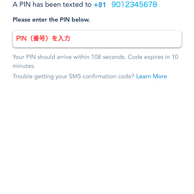 登録した電話番号に送信されたPINを入力