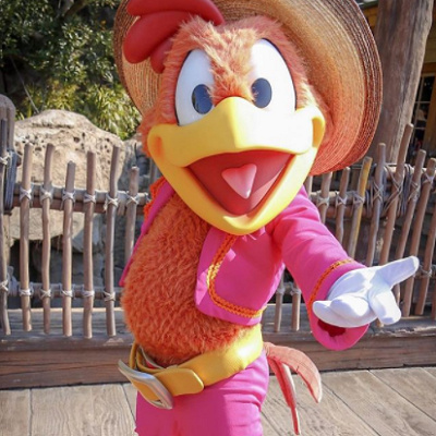 赤い羽毛と洋服、ソンブレロが特徴的なパンチート