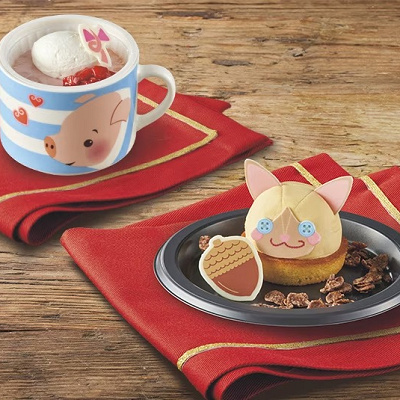 ①プーギーのストロベリー＆ミルクプリン マグカップ付き、②おっきなアイルー人形のはちみつレモンムース