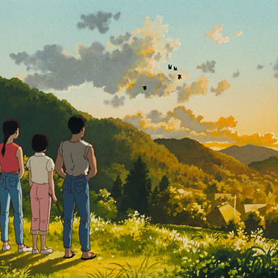 田舎の情景を眺める3人