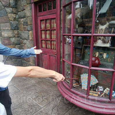 クィディッチ専門店のショーウインドウにはクィディッチの競技用ボールの箱がある／USJ