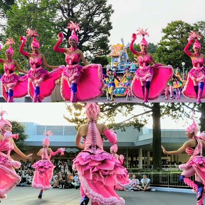 フラミンゴモチーフの衣装を着たダンサー