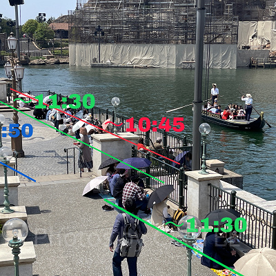 レッツ・セレブレイト・ウィズ・カラーのリドアイルの場所取りの目安時間（4月平日）