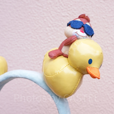 アヒルの浮き輪にチップとデールが乗っている