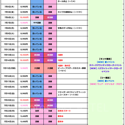 2024年7月のディズニー混雑予想カレンダー
