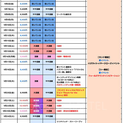 2024年9月のディズニー混雑予想カレンダー