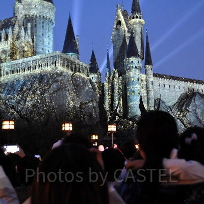 プロジェクトマッピングで浮かび上がるホグワーツ城と鑑賞するゲスト（2019年）