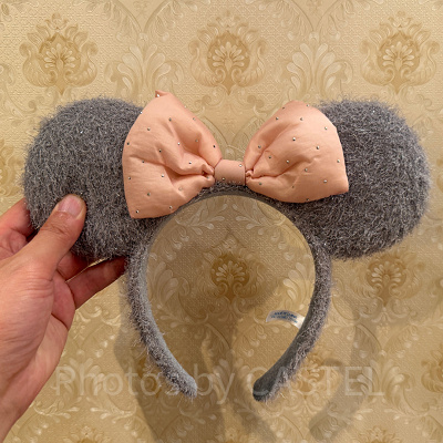 ミニーリボンモヘアカチューシャ（グレー×ピンク）