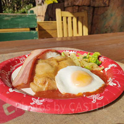 チキンのオーブン焼き、ベーコン、エッグ、ライス添え