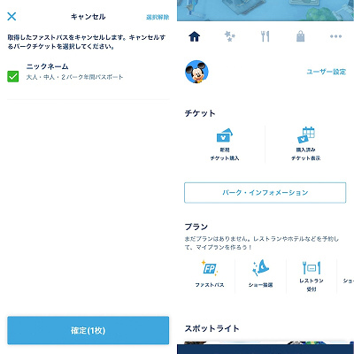 キャンセルするパークチケットを選択し、キャンセルを確定する