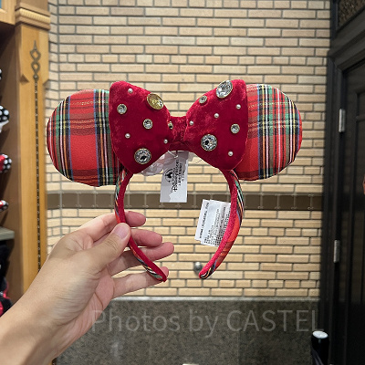 上海ディズニーカチューシャ：赤チェック柄ビジューリボンミニーカチューシャ