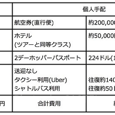 ツアー利用と個人手配比較表<br />（個人手配の合計金額はタクシー利用で計算しています。）