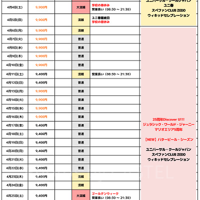 2026年4月USJ混雑予想カレンダー