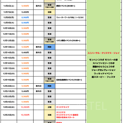 2025年12月USJ混雑予想カレンダー