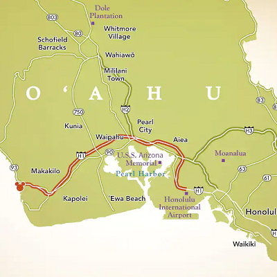 ホノルル国際空港からアウラニ・ディズニー・リゾート＆スパまでの地図