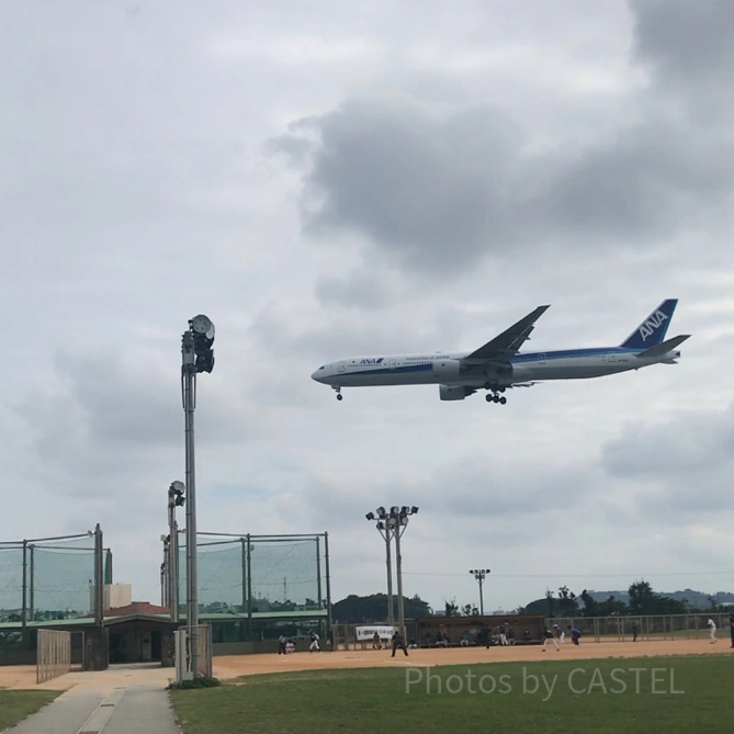 着陸寸前の飛行機を公園から撮影