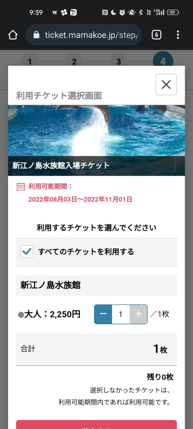 入園する分だけチケット表示枚数を選択