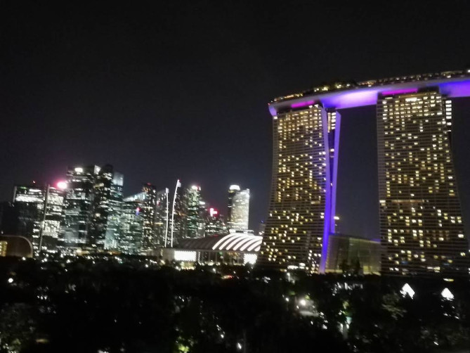 OCBCスカイウェイから撮影した夜景で、右手に映るのはマリーナベイサンズホテル